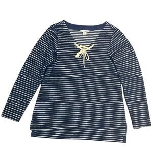 Tommy Bahama Women’s Tunic Sweater Lace up Navy Ivory Stripe Size Small EUC
